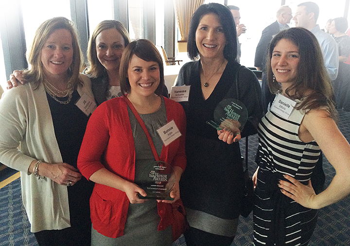 From left to right: Our clients Jill Mastrianni, CMO, and Jennifer Stokes, Director of Marketing, both of Shipman & Goodwin LLP, with Bonnie, Vanessa and Danielle celebrating our awards at the LMA Your Honor Awards.