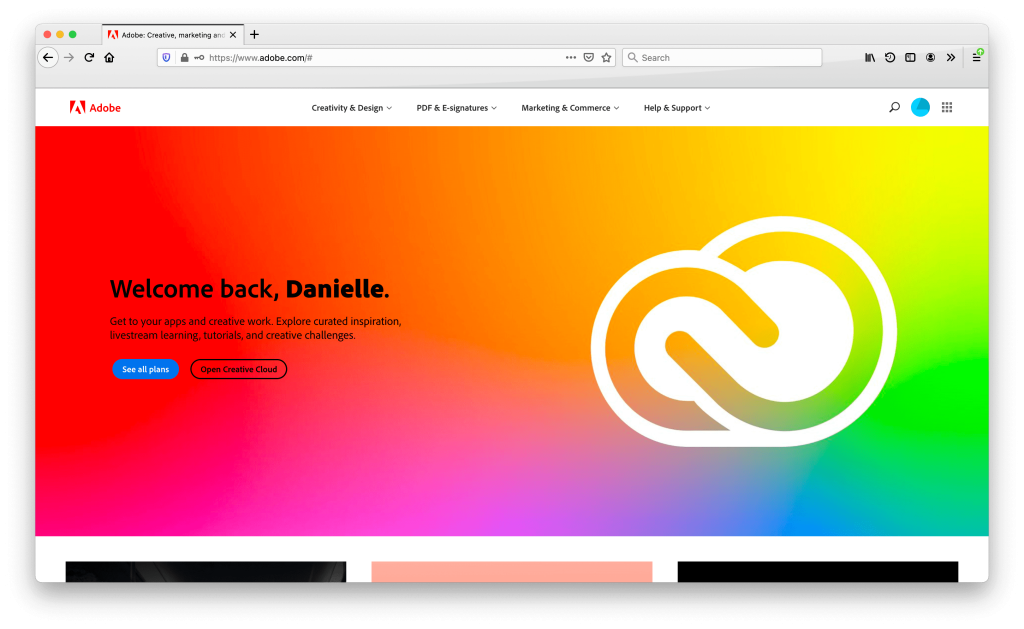 Adobe welcome page with a multi-color gradient
