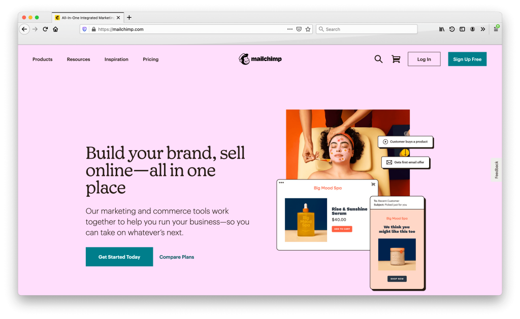 Mailchimp homepage with pastel colors