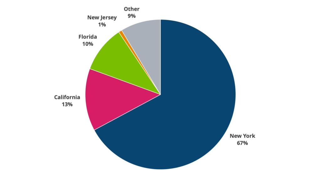 Breakdown of web accessibility lawsuits by state in 2023: 67% New York, 13% California, 10% Florida, 1% New Jersey, 9% other.