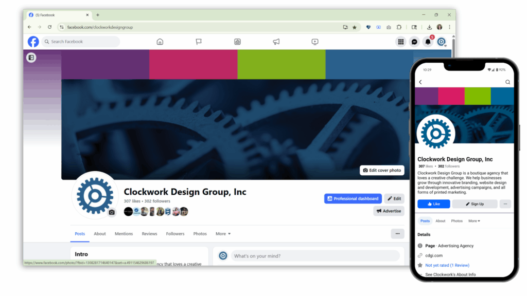 Company Facebook page on desktop and mobile.